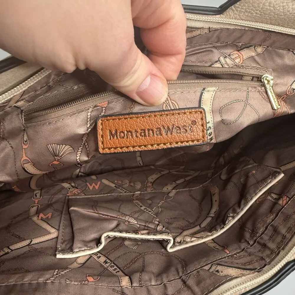 Montana West Tri-Color Cream Tan Brown Tote Vegan Leather Purse Zip Close Studde